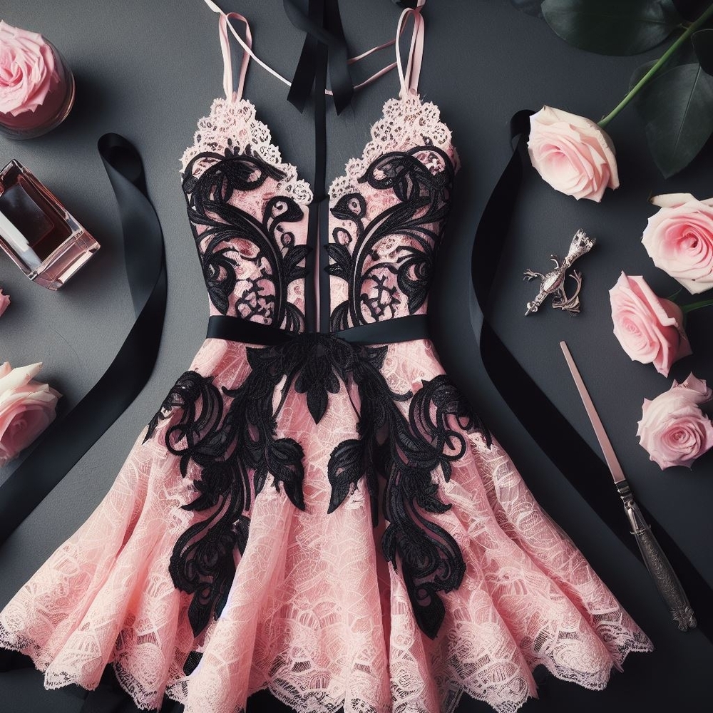 Black and Pink Fit and Flare Mini Dress with Spaghetti Straps